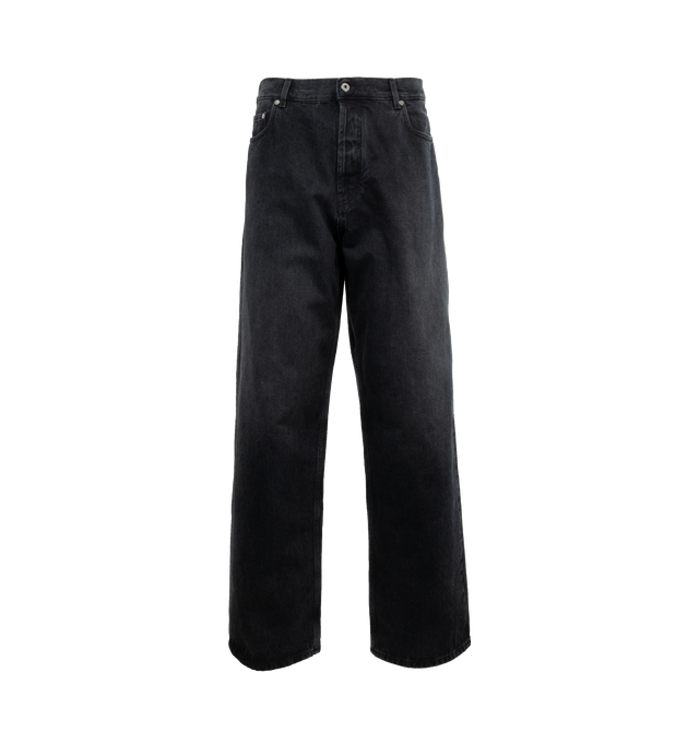 Image 1 of 4 - BLUE - OFF-WHITE ARR LOOSE JEANS VINTAGE are black denim pants featuring black leather label with tonal arrows and Off-White logo at back.  Belt loops, two side pockets and flat pockets at back. Loose fit. Outer: 100% Cotton Lining: 65% Polyester Lining: 35% Cotton. 