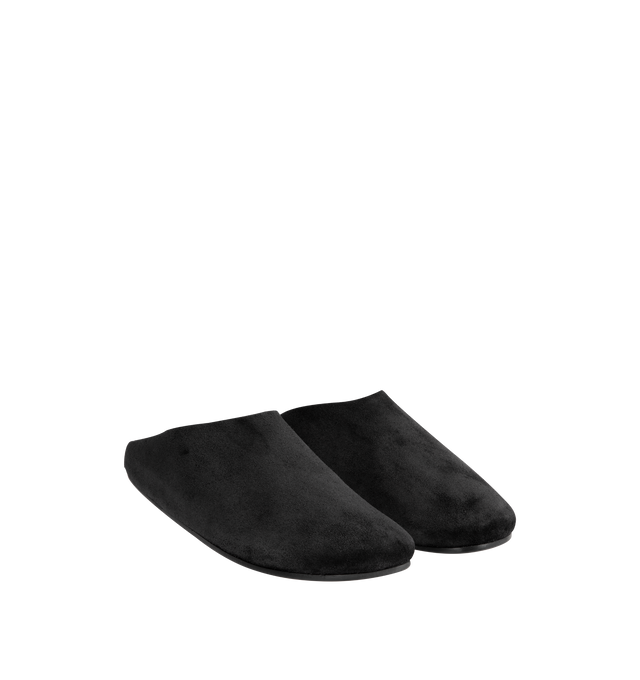 Image 2 of 4 - BLACK - THE ROW Hudson Slide featuring grained calfskin upper with rubber sole, slip-on styling, cushioned leather footbed, soft shearling with contoured footbed and rounded toe. Made in Italy.