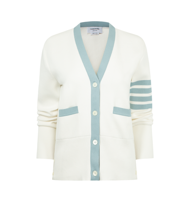 Image 1 of 3 - WHITE - THOM BROWNE Milano Classic 4-Bar Stripe Cotton V-Neck Cardigan featuring V-neck, long sleeves, contrast trim, rib-knit cuffs, side slip pockets, rib-knit hem and button-front placket. 100% cotton. Made in Italy.