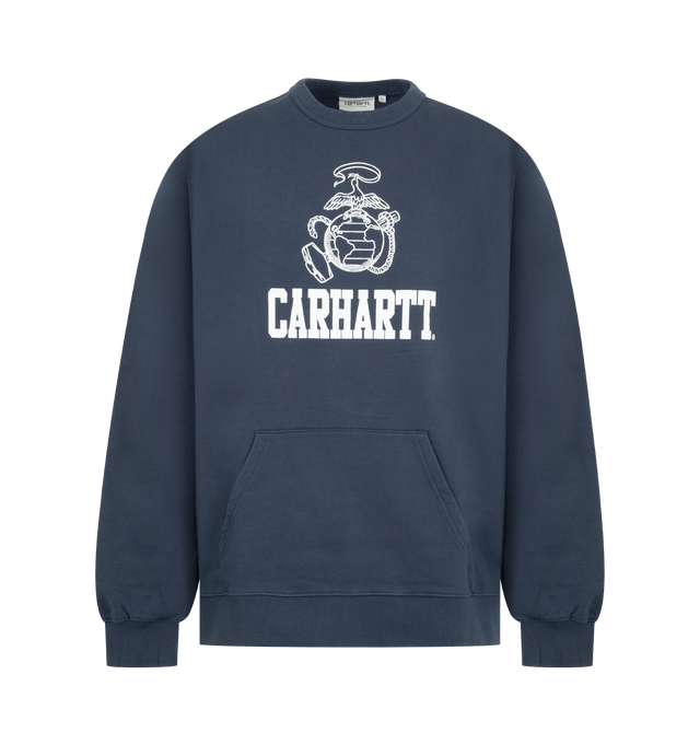 Image 1 of 2 - BLUE - CARHARTT WIP Pond Corps Sweatshirt featuring an unbrushed, heavyweight cotton jersey, a balloon fit, dropped shoulders, ribbed trims and graphic print appears on the front. 100% cotton.