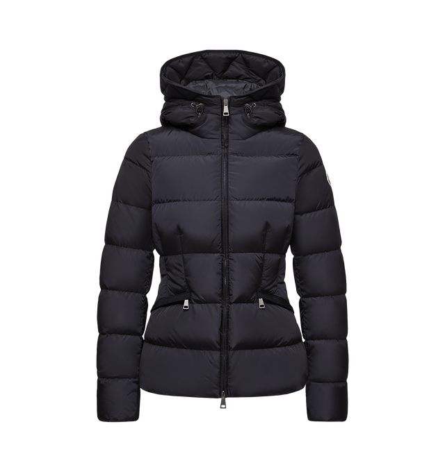 Image 1 of 1 - NAVY - Moncler Women's Avoce Hooded Short Down Jacket is crafted from water-repellent nylon technique and features a down-filled construction, an adjustable hood, a front zip closure, zipped welt pockets, an elastic belt, and the signature logo patch. This designer down jacket combines lightweight warmth with a slim, feminine silhouette for elevated everyday outerwear. Main Material: 100% Polyamide (Nylon). Lining: 100% Polyamide (Nylon). Hood Lining: 100% Polyamide (Nylon). Padding: 90% Down