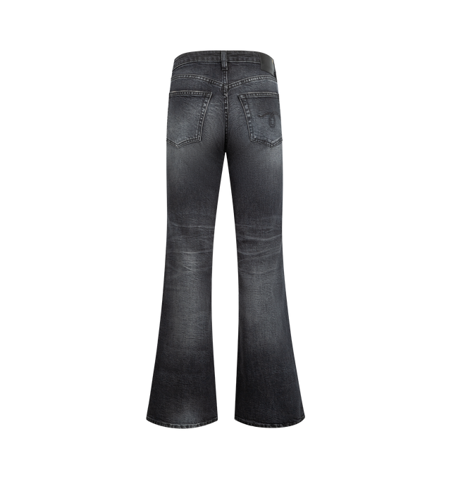 Image 2 of 3 - BLACK - R13 Joan Kick Flare Jeans featuring stretch denim, an ankle length with a kick flared hem,distressing throughout, belt loops, five-pocket styling, zip fly and leather logo patch at back waistband. 97% cotton, 3% elastane. Made in Italy.