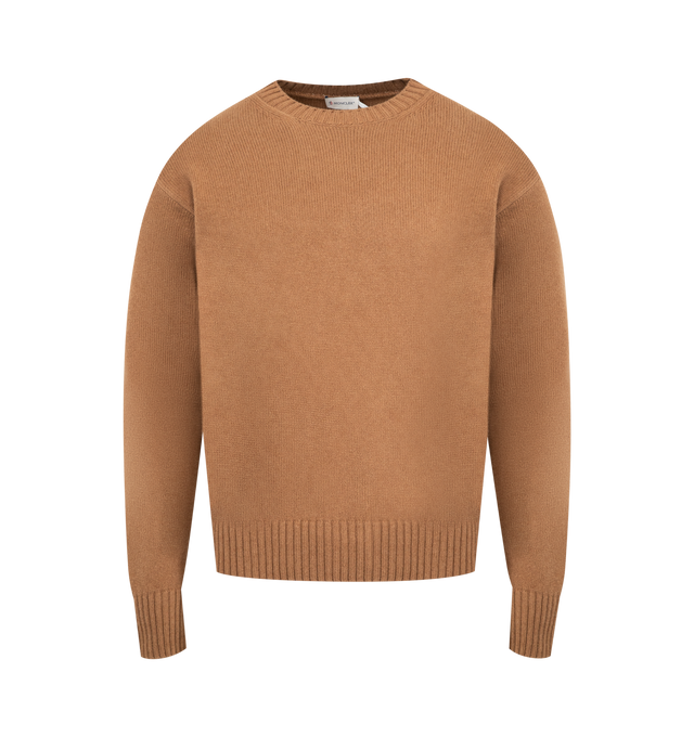 Image 1 of 3 - BROWN - MONCLER Wool & Cashmere Sweater featuring a wool and cashmere blend, crew neck, stockinette stitch, gauge 5 and leather logo patch. 90% virgin wool, 10% cashmere.