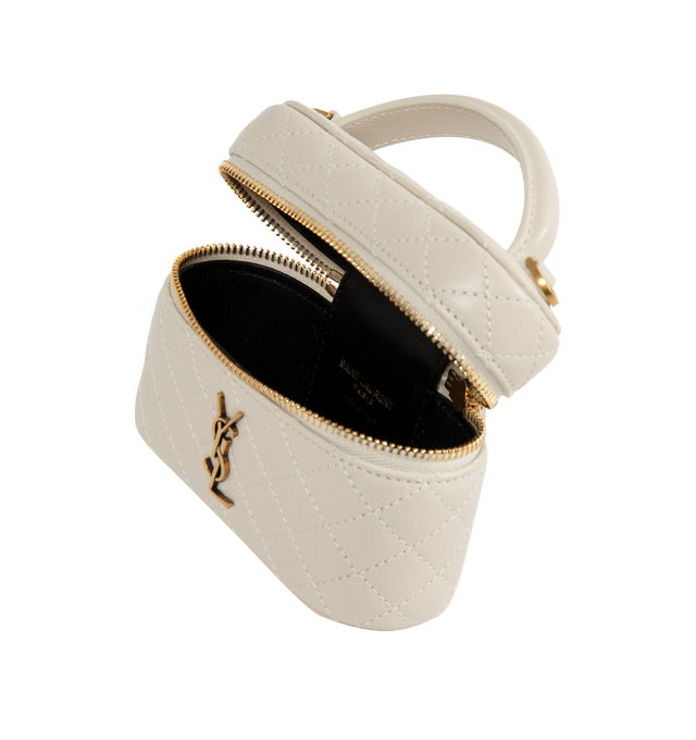 Image 3 of 3 - WHITE - Saint Laurent micro version of the GABY vanity sized to fit small items such as AirPods, keys, lipstick, and cards. Decorated with the CASSANDRE and diamond-quilted overstitching. Crafted from Lambskin and fully lined in leather, featuring a detachable chain strap for multiple carry options, bronze-toned hardware, zip closure, one card slot. Measures 4.7" x 3.1" x 1.6" with 1.8" handle drop and 21.7" strap drop. Made in Italy