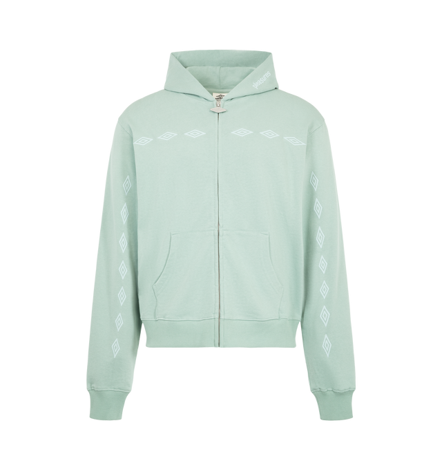 Image 1 of 2 - GREEN - Pleasures Men's Diamonds Zip Fitted Hoodie is crafted from heavyweight cotton-blend terry with a diamond pattern. Designed with a full zip closure, the hoodie is finished with a branded zip puller and embroidered logos throughout for a signature touch. Main Material: 81% Cotton, 19% Polyester.