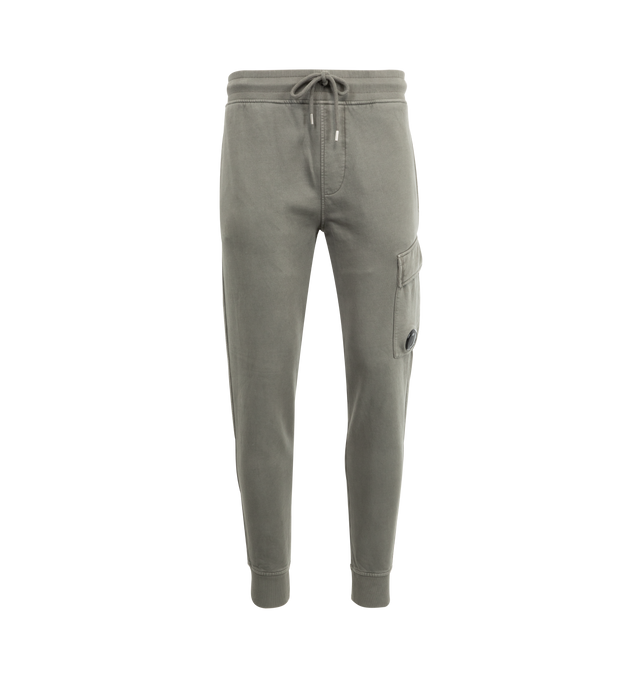 Image 1 of 3 - GREY - C.P. COMPANY Fleece Cargo Lens Sweatpants featuring adjustable drawstring waistband, side pockets, cargo pocket with Lens detail, ribbed hems, resist dyed and regular fit. 100% cotton.