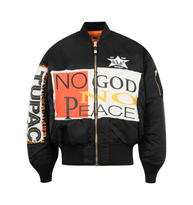 Image 1 of 3 - BLACK - BARRIERS Repurposed MA-65 Bomber featuring zip front closure, ribbed collar, hem and cuffs and graphics throughout.