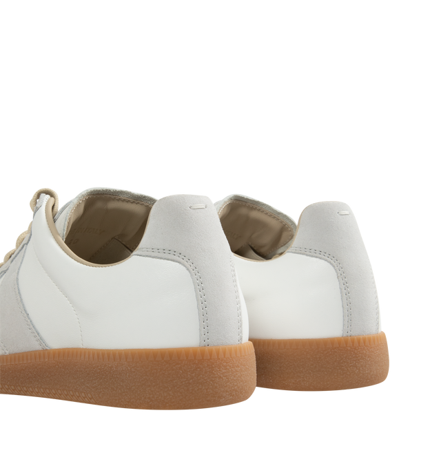 Image 3 of 6 - WHITE - Maison Margiela Replica Sneakers featuring lace-up sneakers in buffed nappa calfskin and calfskin suede, contrasting sole, Maison Margiela logo label on the tab, internal Replica label, internal elastic and all-over Maison Margiela logo insole. 100% calf leather. Sole: 100% rubber. Made in Italy.