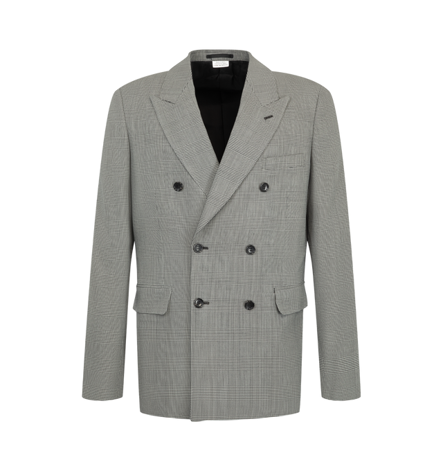Image 1 of 2 - GREY - Comme des Garons Homme Plus Men's Glen Plaid Double-Breasted Blazer is tailored from a refined wool blend and features a classic double-breasted silhouette with an allover Glen Plaid pattern. This sophisticated jacket is finished with structured shoulders, notch lapels, welt and flap pockets, and a fully lined interior for a polished fit. Main Material: Wool; Lining: Cupro. Made in Japan.