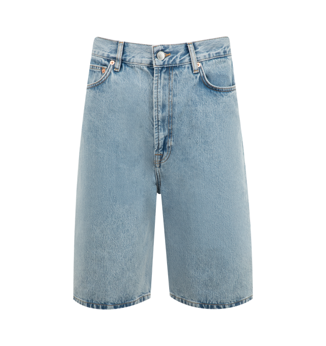 Image 1 of 3 - BLUE - WARDROBE.NYC Denim Low Rise Shorts featuring low-rise, belt loops, five-pocket styling, button zip-fly and long length. 100% cotton.