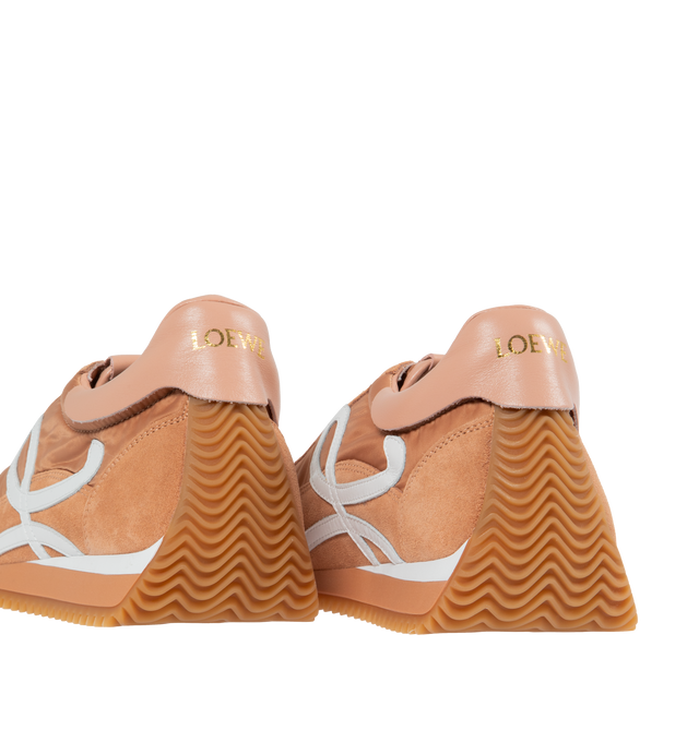 Image 3 of 5 - NEUTRAL - Loewe Flow lace-up runner in  suede calfskin and nylon, featuring an L monogram on the quarter. The textured honey-coloured rubber outsole extends to the toe-cap and on to the back of the heel. Gold embossed LOEWE logo on the backtab. Made in: Italy. 