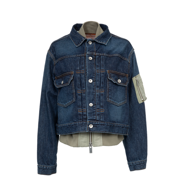 Image 1 of 3 - BLUE - SACAI Denim Blouson Jacket featuring silver-tone hardware, layered effect, patchwork detailing, classic collar, front button fastening and two front flap pockets. Outer: 100% cotton. Lining: 100% polyester. 