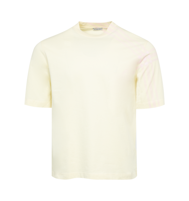 Image 1 of 2 - YELLOW - BURBERRY crew-neck T-shirt in cotton jersey printed with a seasonal check across the shoulder and sleeve. Regular fit. with ribbed neckline. 100% cotton with 97% cotton, 3% elastane trim. Made in Portugal. 