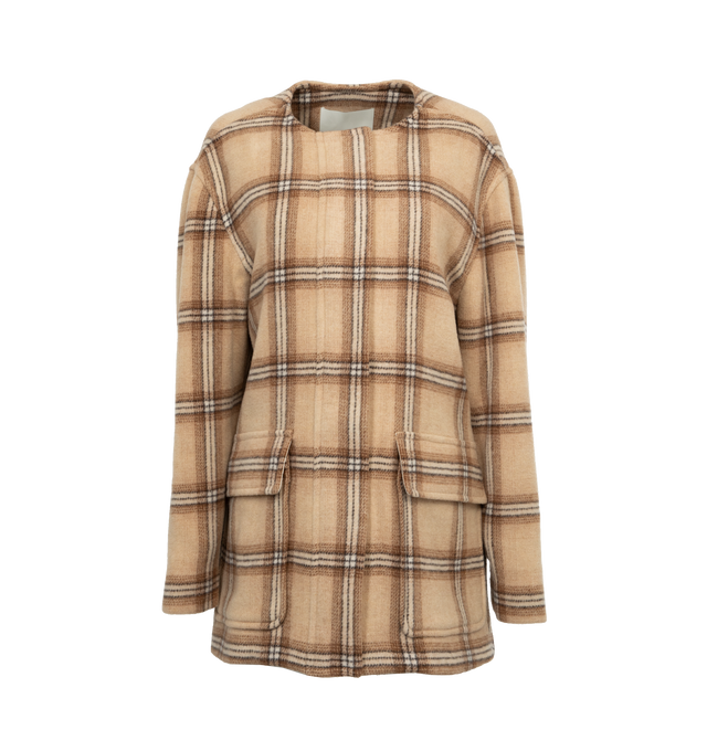 Image 1 of 3 - BROWN - ISABEL MARANT Efelia Plaid Wool-Blend Coat featuring plaid print throughout, crewneck, long sleeves, side flap pockets, and concealed zipper and button-front closure. 75% wool, 25% polyamide. 100% cotton.  