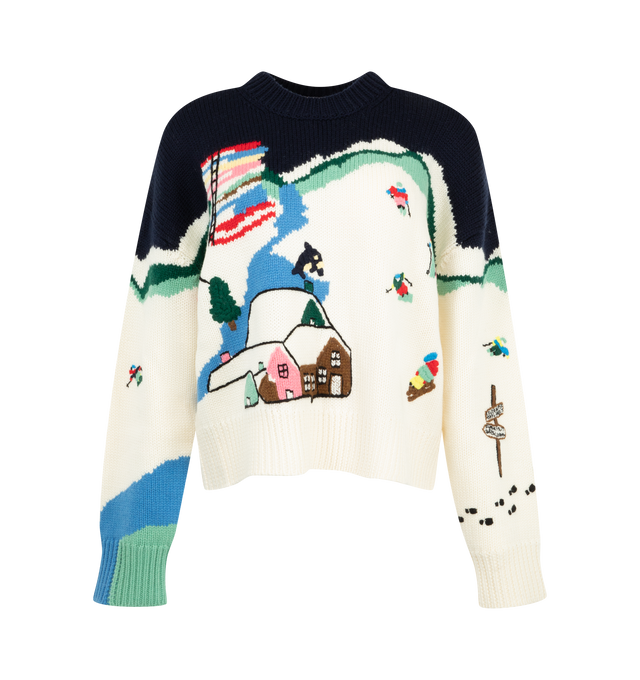 Image 1 of 2 - MULTI - Mira Mikati Women's Snow Scene Intarsia Knit Jumper is crafted from wool and features a winter landscape intarsia knit enhanced with embroidered detailing. Designed with a classic crewneck silhouette, this statement sweater is the perfect apres ski piece to wear this season. Main Material: 100% Wool.