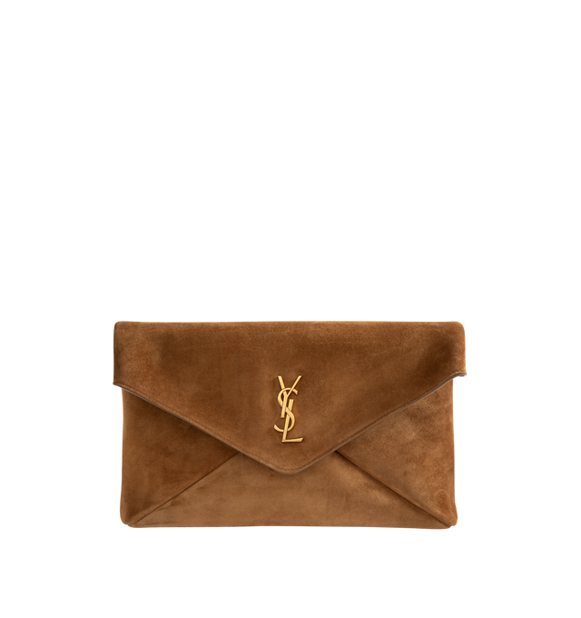 Image 1 of 3 - BROWN - Saint Laurent Women's Cassandre YSL Pouch On Chain Bag is crafted from rich calfskin suede and adorned with the house's iconic Cassandre logo accent in gold-tone hardware. Designed with a structured envelope silhouette, this versatile style features a stowable leather-and-chain shoulder strap that allows it to be carried as a shoulder bag or clutch. The design is finished with an envelope flap and magnetic closure, a cotton-lined interior, and a slip pocket for streamlined organizatio