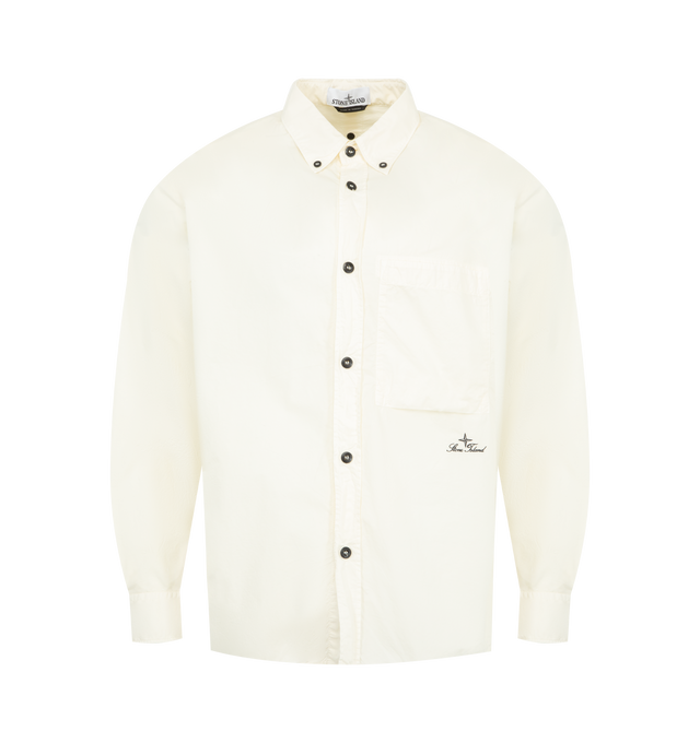 Image 1 of 2 - WHITE - STONE ISLAND Cotton Shirt featuring button-down collar, logo script embroidery on lower front left, buttoned cuffs, sleeve placket, back yoke with tape loop and snap, curved hem with dropped back and button fastening. 100% cotton.
