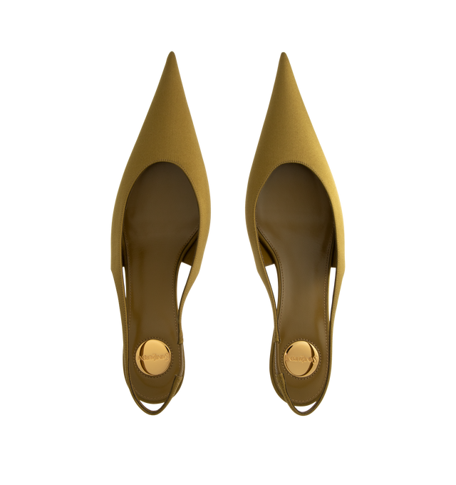 Image 4 of 4 - GOLD - Saint Laurent Women's Fanny Slingback Pumps are crafted from certified viscose and certified silk and feature a translucent silhouette with a pointed cap toe and a Plexiglas kitten heel embedded with the signature bronze-tone CASSANDRE. Designed with an elasticized slingback strap, the elegant pair is finished with a leather sole and a round Saint Laurent-engraved metal plaque at the insole. Main Material: Certified Viscose, Certified Silk. Sole: Leather. Closure: Elasticized Slingback