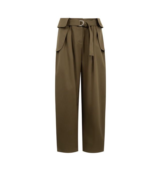 Image 1 of 3 - GREEN - LOEWE Cargo Trousers in medium-weight cotton and silk gabardine featuring cargo flaps at the hips, relaxed fit, regular length, mid waist, balloon leg, concealed zip fly, hidden seam pockets, adjustable belt and LOEWE engraved D-ring, double L embroidery placed on the left pocket. Cotton/silk. Made in Italy.