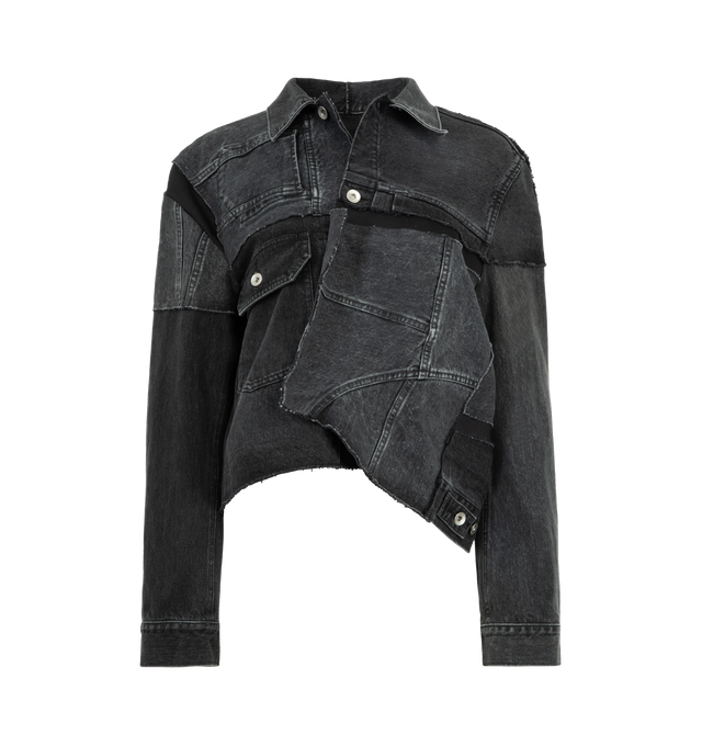 Image 1 of 4 - BLACK - SACAI Denim Jacket featuring fading throughout, spread collar, button closure Flap pocket at front, buttoned barrel cuffs, patchwork throughout and asymetrical hem. 100% cotton. Made in Japan.