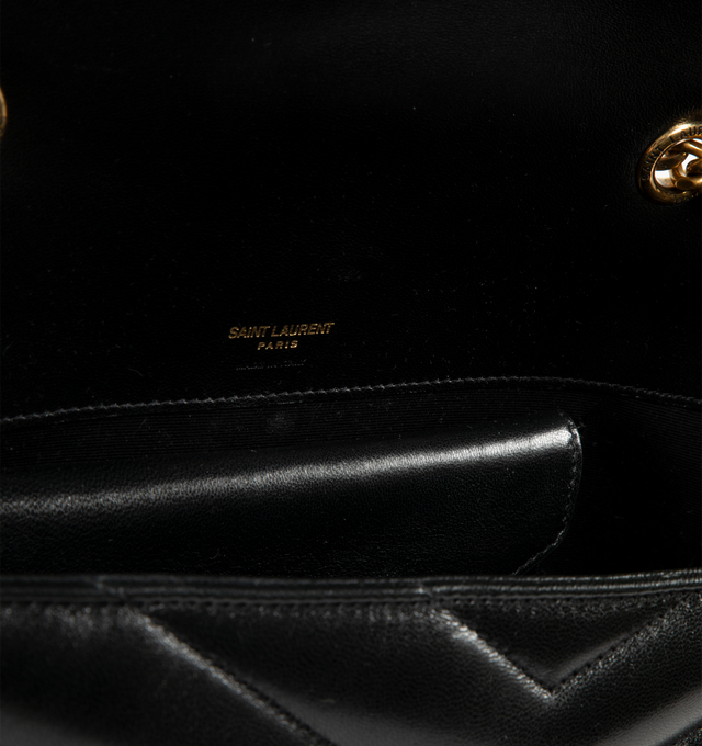 Image 4 of 4 - BLACK - SAINT LAURENT Loulou Medium Bag featuring chain bag in soft lambskin with chevron-quilted topstitching, removable leather pouch and pocket mirror, sliding chain strap, grosgrain lining, bronze-toned hardware, magnetic snap closure and one flat pocket. 11.4" x 6.7" x 3.1". Single strap drop: 17.7". Doubled strap drop: 8.7". Lambskin, brass. Made in Italy.
