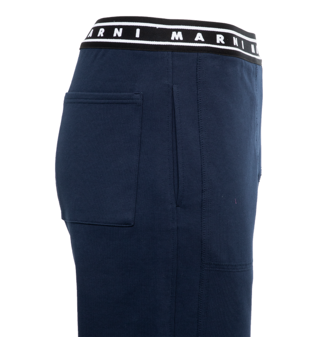 Image 3 of 5 - BLUE - MARNI Logo Waistband Trousers featuring cigarette trousers, frontal closure, side slit pockets and back welt pockets. 100% cotton. Made in Italy. 