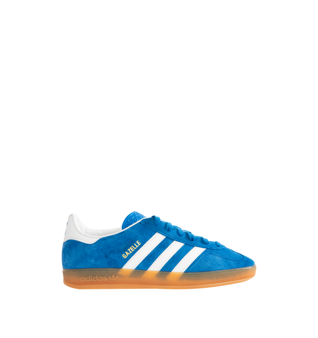 Image 1 of 5 - BLUE - Adidas Gazelle Indoor Sneakers are a lace-up style with suede uppers and gum outsoles. Textile linings. Unisex style in men's sizes.