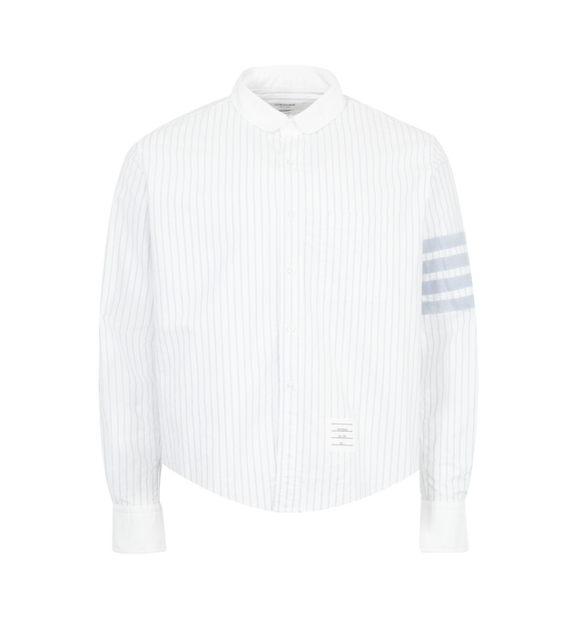 Image 1 of 2 - WHITE - Thom Browne Men's Oxford 4-Bar Shadow Pinstripe Shirt in a straight fit featuring a round hem, mini round collar, pinstripe pattern, front button closure, chest patch pocket, 4-bar detailing at the sleeve, pleated back yoke with locker loop, nametag applique and signature striped grosgrain loop tab. 100% Cotton. Made in Italy.