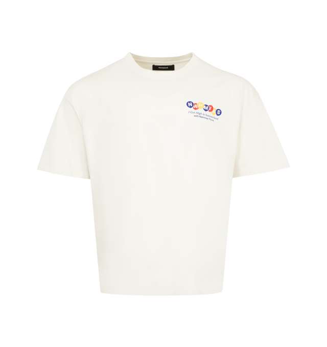Image 1 of 2 - WHITE - NAHMIAS High In Summerland Boxy T-shirt featuring short sleeves, boxy fit, crew neck, logo on front and graphic on back. 100% cotton.