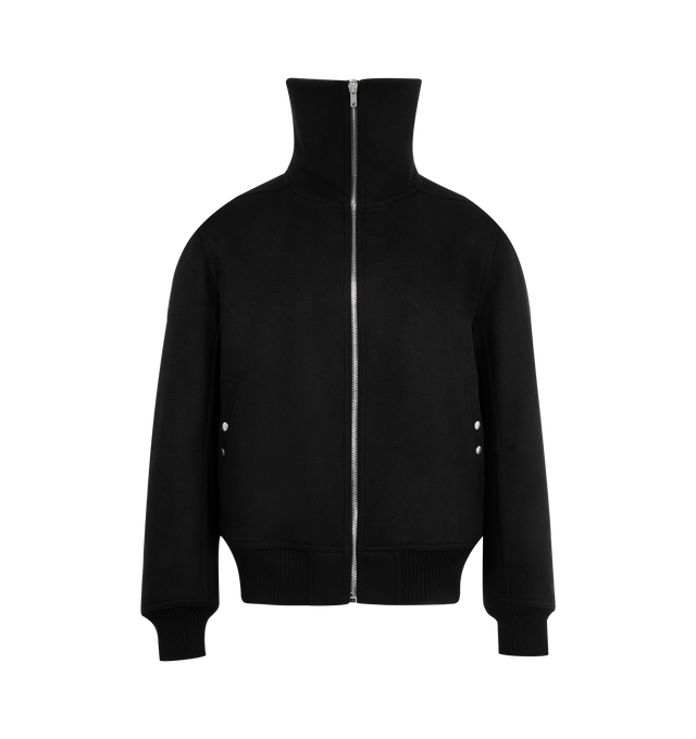 Image 3 of 4 - BLACK - RICK OWENS Blixa Dracucollar Bomber Jacket featuring center front zip fastening, exaggerated funnel neck to be work up or down, dropped shoulder, curved sleeves, rib knit trims, press stud wel pockets, lined and double internal pockets. 100% wool. Made in Italy.