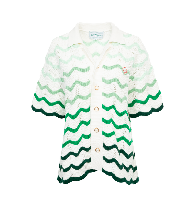Image 1 of 3 - GREEN - CASABLANCA Gradient Wave Texture Shirt featuring front button closure with pearlescent buttons, wavy stripe pattern, midweight crochet knit fabric with Casablanca logo patch at chest. 100% cotton. Made in China. 