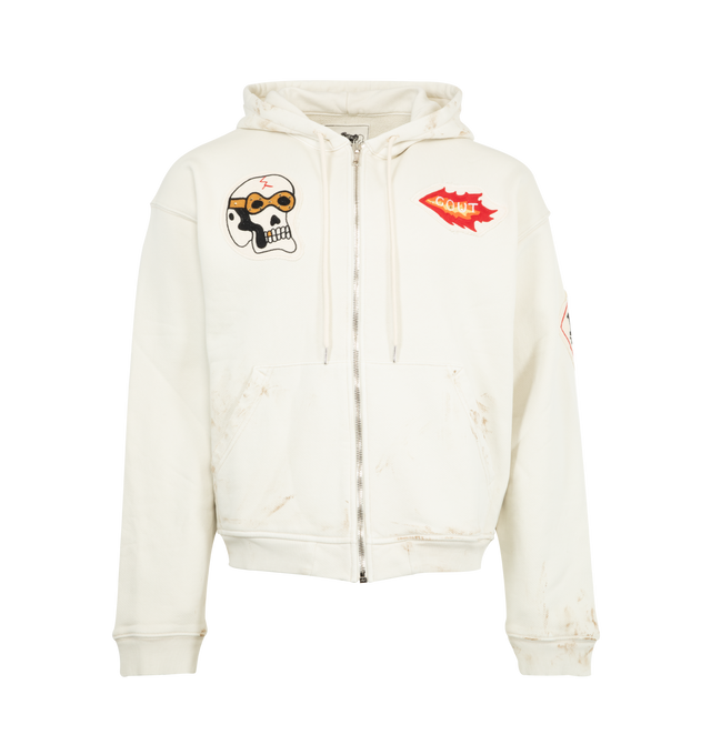 Image 1 of 2 - WHITE - COUT DE LA LIBERTE Lynard Chopper Rider Hoodie featuring drawstring hood, split kangaroo pocket, zip front closire, ribbed cuffs and hem and printed graphics throughout. Cotton.