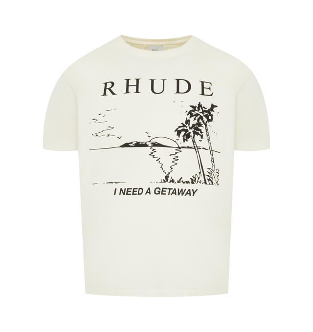 Image 1 of 2 - WHITE - RHUDE I Need A Getaway T-Shirt featuring oversized fit, graphic on front, crewneck, short sleeves and dropped shoulders. 100% cotton.