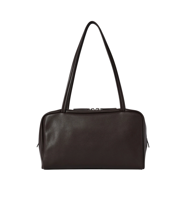 Image 1 of 3 - BROWN - THE ROW Astra Bag featuring soft bowling bag in glossy nappa leather with flat base, elongated flat handles and dual zipper closure. 9.84 x 5.51 x 4.33 in. 100% lambskin leather. Lined in 100% lambskin leather. Made in Italy.