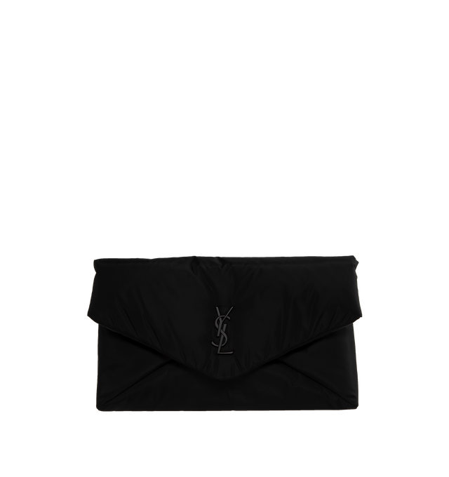 Image 1 of 3 - BLACK - SAINT LAURENT Nylon Envelope Pouch featuring front flap, matte black hardware, magnetic snap closure, one flat pocket and canvas lining. 11.8" X 7.9" X 2".  90% polyamide, 10% brass. Made in Italy.  