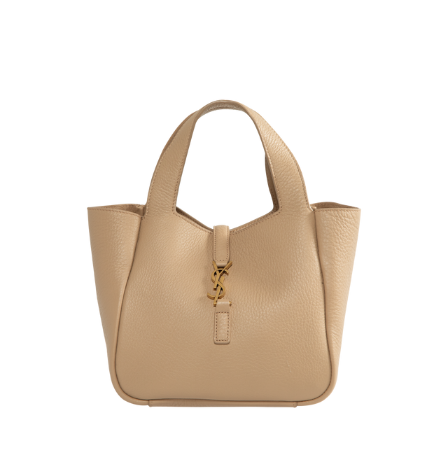 Image 1 of 3 - NEUTRAL - Saint Laurent Women's Le 5 7 Baby Bea Bag is crafted from deerskin and features the signature CASSANDRE hook closure, bronze-tone hardware, and a tonal suede lining. A compact interpretation of the iconic Le 5 7 Bea silhouette, this versatile bag can be carried by hand with the top handle or worn crossbody with the adjustable and detachable strap. Dimensions: 18 x 15 x 13 cm / 7.1 x 5.9 x 5.1 in. Handle Drop: 10 cm / 3.9 in. Strap Drop: 55.5 cm / 21.9 in. Fits a large phone, card