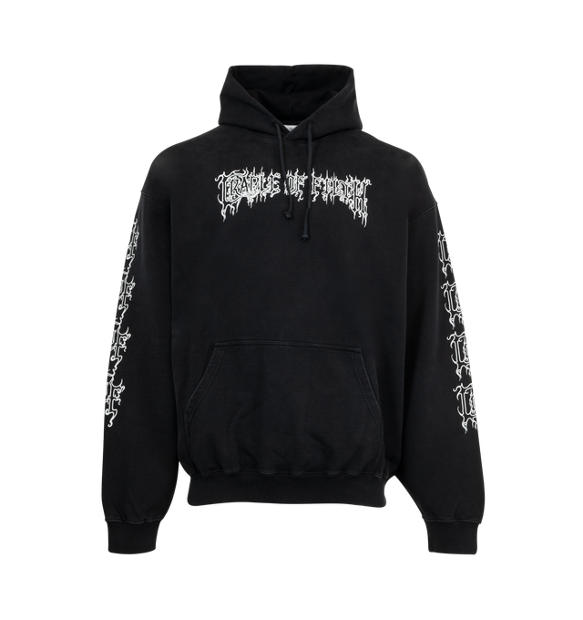 Image 1 of 2 - BLACK - VETEMENTS COF Logo Oversized Hoodie featuring oversized fit, french terry, drawstring at hood, graphic print at front and sleeves, kangaroo pocket and rib-knit hem and cuffs. Cotton. Made in Portugal.