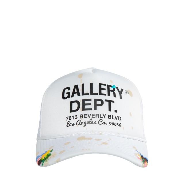 Image 1 of 2 - WHITE - GALLERY DEPT. Workshop Paint-Splattered Logo-Print Canvas and Mesh Trucker Cap featuring paint splatters and smudges on the brim, made from canvas that's printed with the label's logo and has a breathable mesh back. 55% polyester, 45% nylon. 