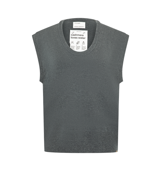 Image 1 of 2 - GREY - Extreme Cashmere Women's Angele Sweater Vest is crafted from medium-weight cashmere and features a sleeveless silhouette, a crew neckline with a deep, subtly curved shape, and a straight, easy fit. Designed for versatile layering, it is finished with ribbed detailing at the neckline, armholes, and hem. Main Material: 94% Cashmere, 5% Nylon, 1% Elastane. *This garment is one size and suits s l best.