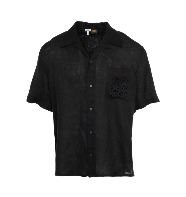 Image 1 of 3 - BLACK - LOEWE PAULA'S IBIZA Linen featuring relaxed fit, regular length, camp collar, short sleeves, button front fastening, chest patch pocket, straight hem and Anagram ajour embroidery placed on the chest pocket. Linen. Made in Portugal. 