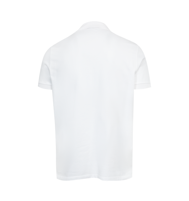 Image 2 of 2 - WHITE - MONCLER Polo Shirt featuring knit collar and cuffs, tricolor 3 button closure, polo collar and logo patch on sleeve. 100% cotton. 