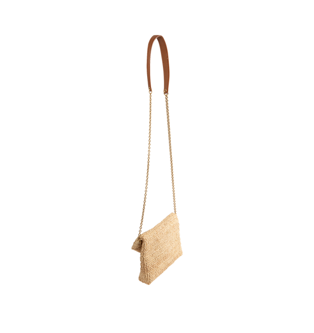Image 2 of 3 - NEUTRAL - SAINT LAURENT Cassandre Chain Pouch in Raffia featuring raffia and vegetable-tanned leather, decorated with the cassandre, a detachable leather-and-chain strap, leather lining, bronze-tone hardware, magnetic closure and one card slot. 7.5" x 4.7" x 1.2". Raffia. Made in Italy.