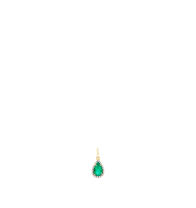 Image 1 of 2 - GREEN - JEMMA WYNNE Emerald Pear and Diamond Connexion Pendant featuring 18kt yellow gold, One of a Kind, fine Colombian Emerald with blackened pave diamonds frame. 2.03CT emerald, 0.18CT diamond. Hirshleifers offers a range of initial pieces from this collection in-store. For personal consultation and detailed information about jewelry, please contact our dedicated stylist team at personalshopping@hirshleifers.com. This item may be restricted for online purchase to international clients. For