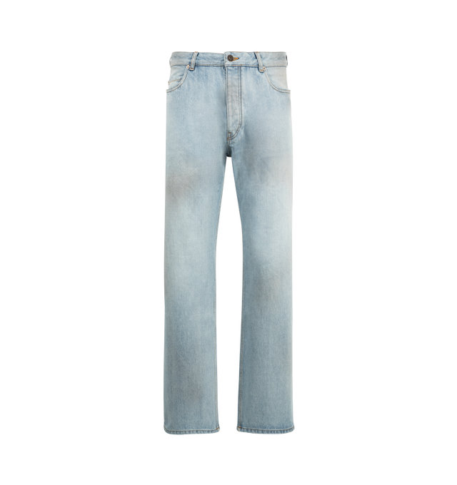 Image 1 of 3 - BLUE - BALENCIAGA Distressed Relaxed Fit Pants featuring cotton denim, dirty details, worn-out details, mid-waist, covered zip fly, 5 pockets, 5 belt loops, Balenciaga engraved flex button and Balenciaga Jeans patch at back. 100% cotton. Made in Italy.