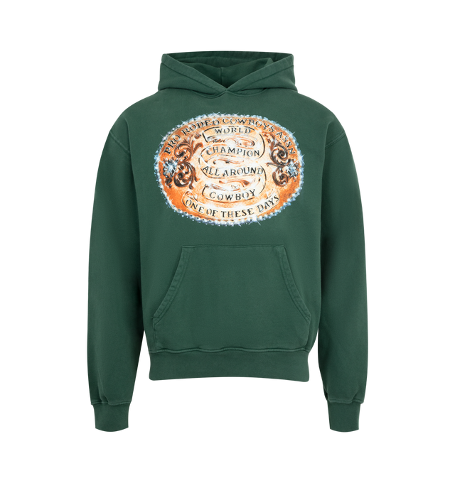 Image 1 of 2 - GREEN - ONE OF THESE DAYS World Champions Hoodie featuring relaxed-fit, long sleeves, ribbed cuffs and hem, fixed hood, kangaroo pocket and graphic print at front. 100% cotton.