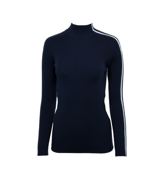 Image 1 of 4 - NAVY - MONCLER Wool Zip-Up Turtleneck Sweater ribbed knit, zipped turtleneck and bicolor logo band. 98% wool, 1% elastane/spandex, 1% polyamide/nylon. Made in Italy. 
