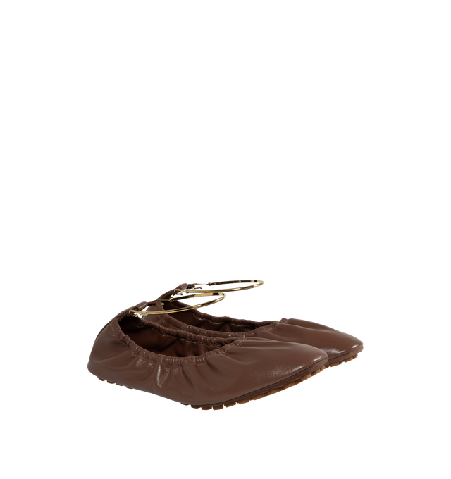 Image 2 of 4 - BROWN - FENDI Filo Ballerina Flats featuring gathered opening, metallic ankle strap, FF embellishment on the heel, suede sole with raised rubber inserts, glossy leather and gold-finish metalware. 100% calf leather. Interior: 100% lamb leather. Made in Italy. 