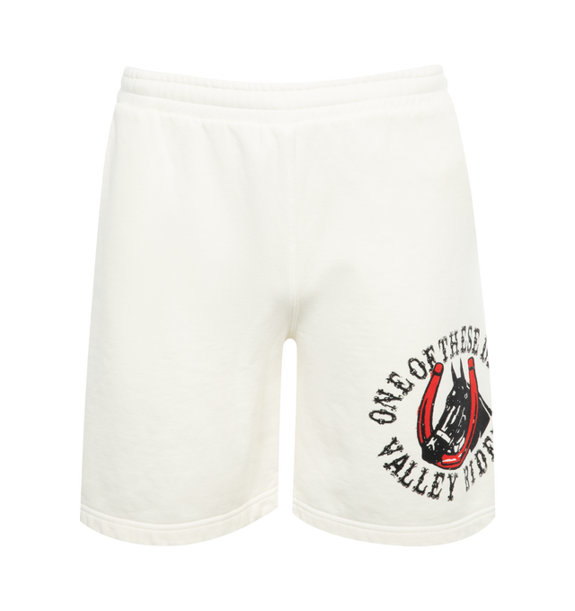 Image 1 of 3 - WHITE - ONE OF THESE DAYS Valley Riders Sweatshort featuring elastic waist, front slant pockets and graphic print. 100% cotton. 