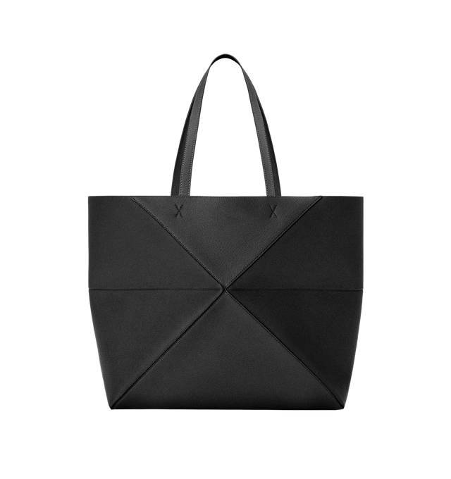 Image 3 of 5 - BLACK - LOEWE Large Horizontal Puzzle Fold Tote featuring lightweight geometric structure designed to fold completely flat, shoulder or hand carry, detachable inside suede zipped pocket, suede lining and gold embossed LOEWE. Soft grained calf. 33 cm x 37 cm x 14.5 cm. Made in Spain.
