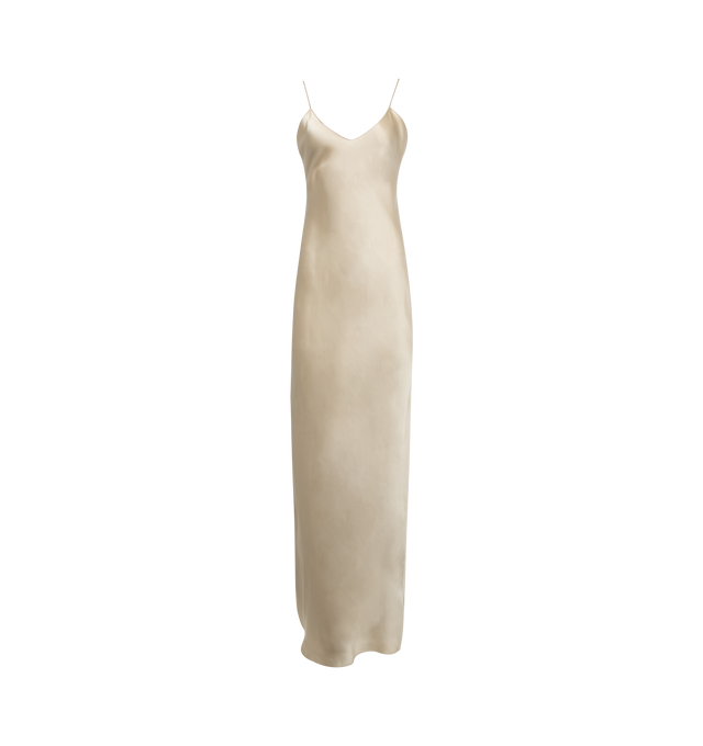 Image 1 of 2 - NEUTRAL - NILI LOTAN Silk Cami Gown featuring v-neck line, adjustable spaghetti straps, side-seam slit and frayed hem. 100% silk. Made in USA. 